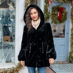 Fabulous Furs Black Hooded Sheared Faux Fur Beaver Anorak Winter Coat Small